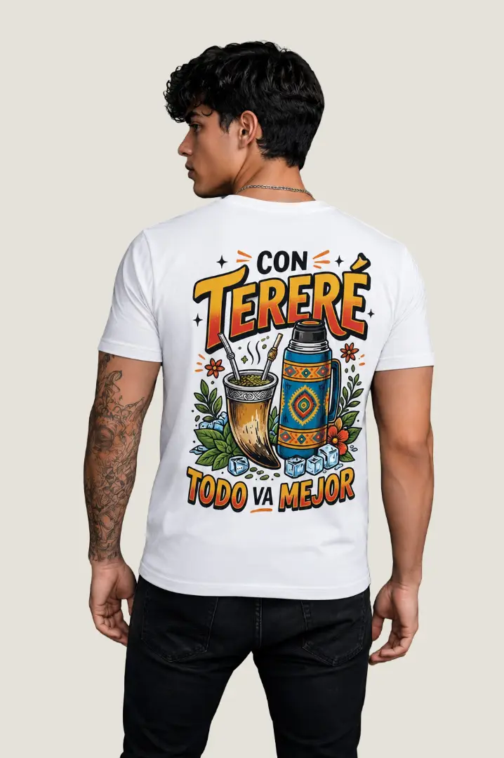 Camiseta de manga corta hombre diseño espalda Con tereré todo va mejor blanco