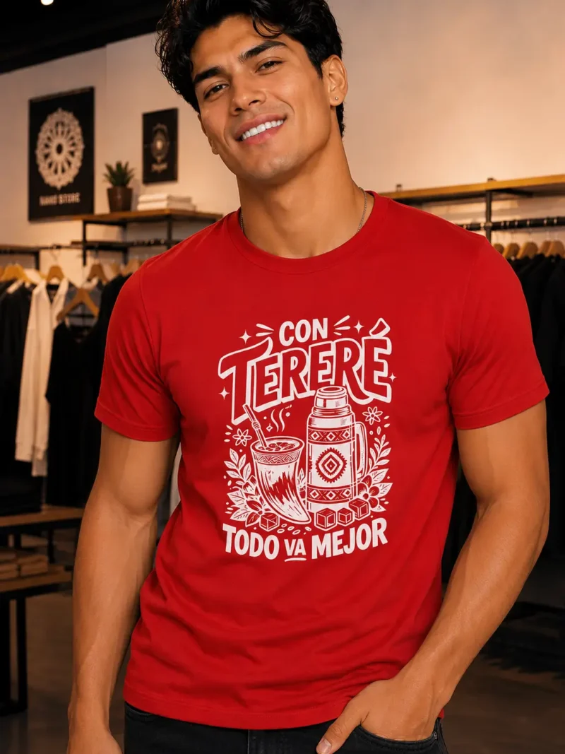 Camiseta de manga corta hombre «Con tereré todo va mejor» diseño en blanco