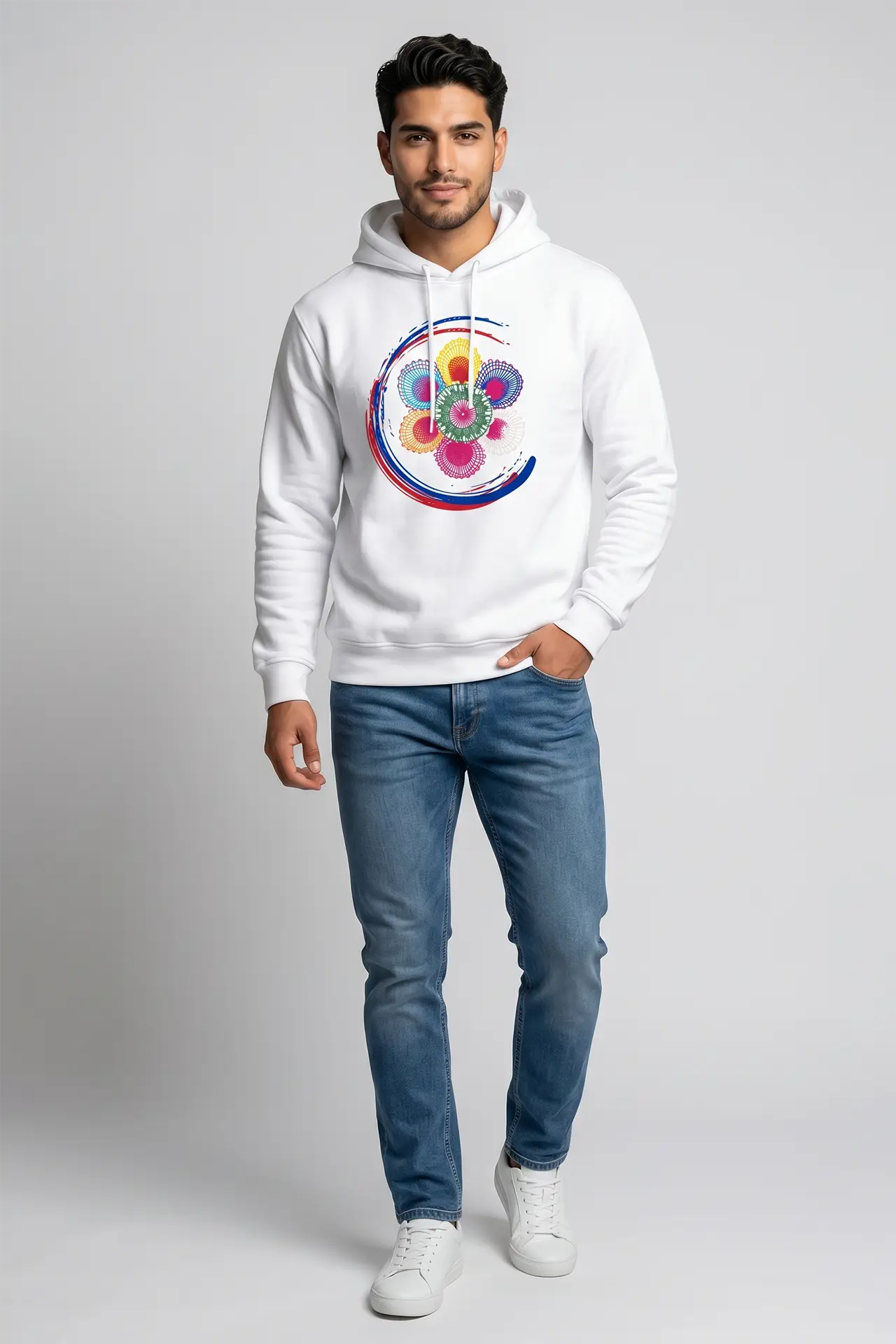 Remera hombre blanca con capucha logo ñanduti