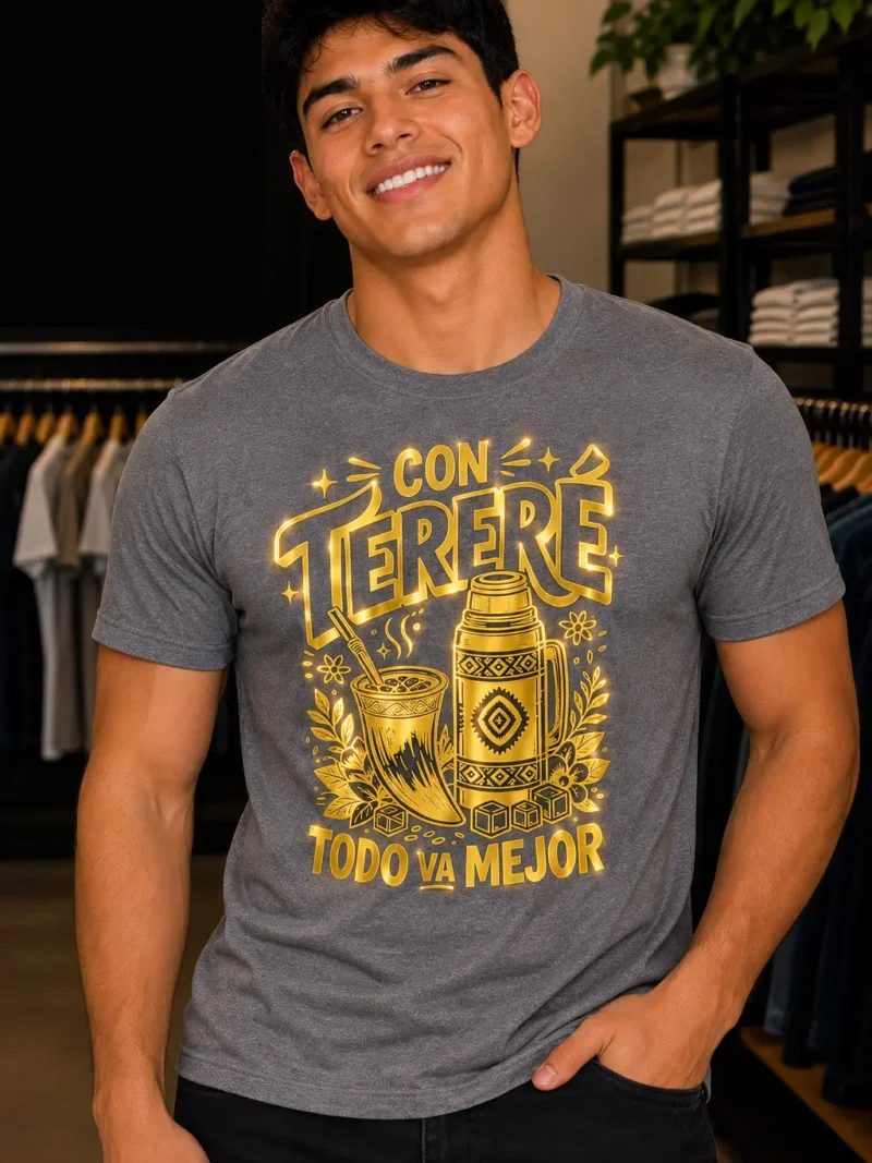 Camiseta de manga corta hombre «Con tereré todo va mejor» diseño en oro