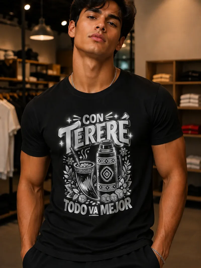 Camiseta de manga corta hombre «Con tereré todo va mejor» diseño en plata