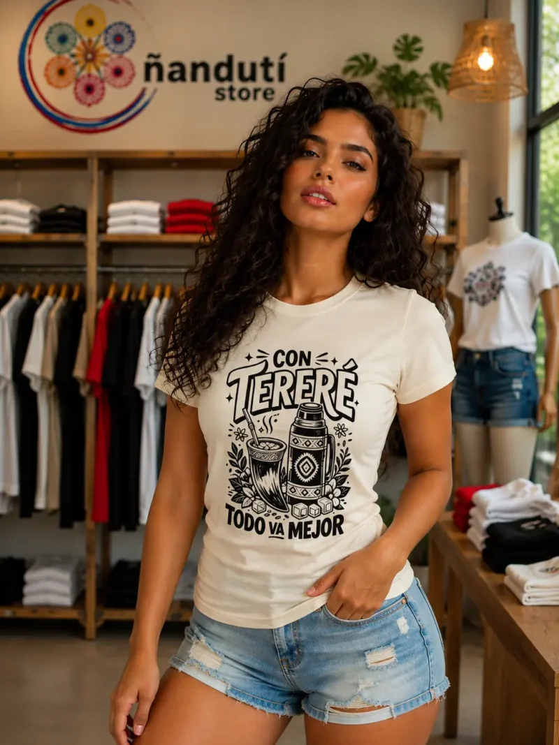 Camiseta de manga corta mujer "Con tereré todo va mejor" diseño en negro
